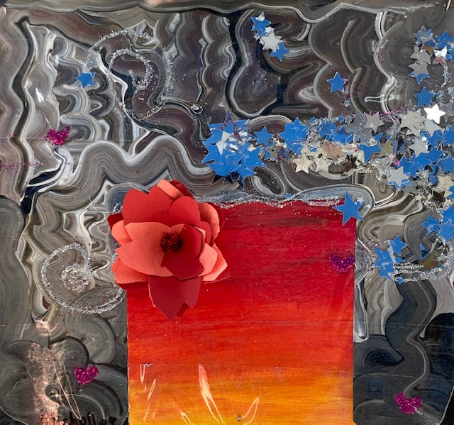 Red flower on a red to orange gradient with grey swirls and glitter around it.