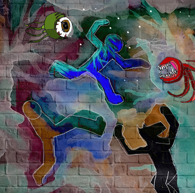 Figures in front of a brick wall.