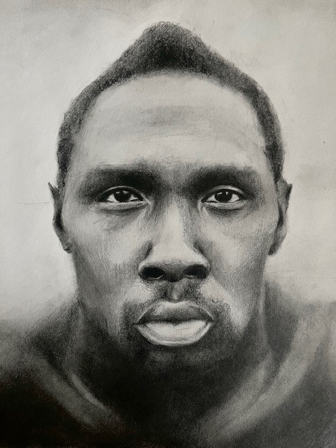 b/w drawing of a person staring at the viewer