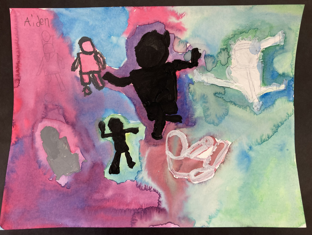 Figures floating on a watercolor pastel background.