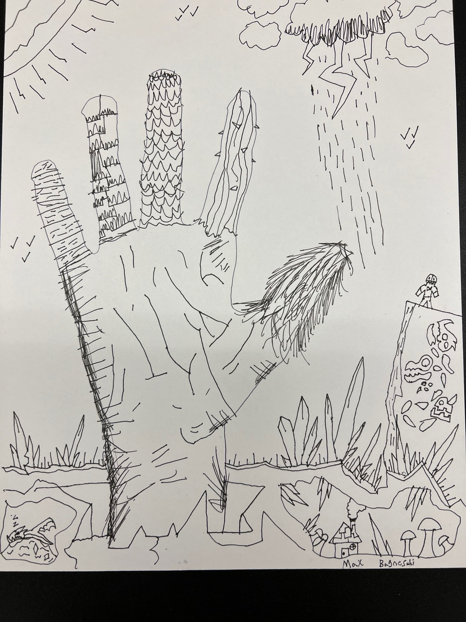 b/w illustration of hand coming out the ground