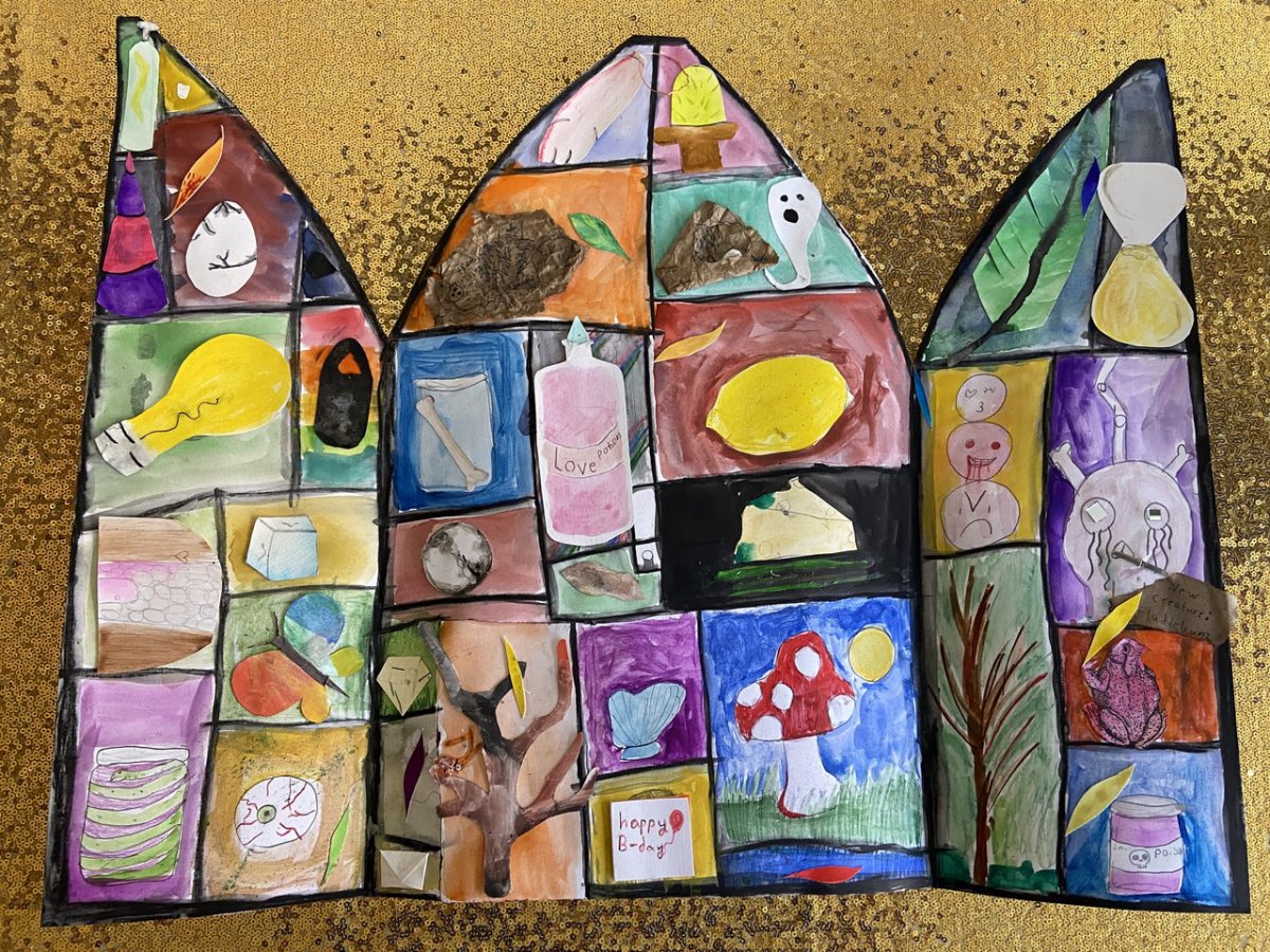 An open house with many rooms lies on a gold background. Each room has different items within.