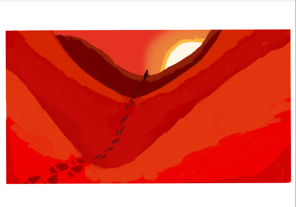 A dessert is presented through different shades of red. A single camel walks through.