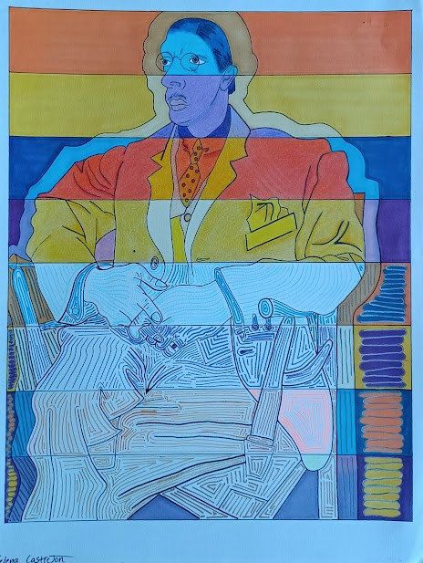 Colorful drawing of portrait on chair.