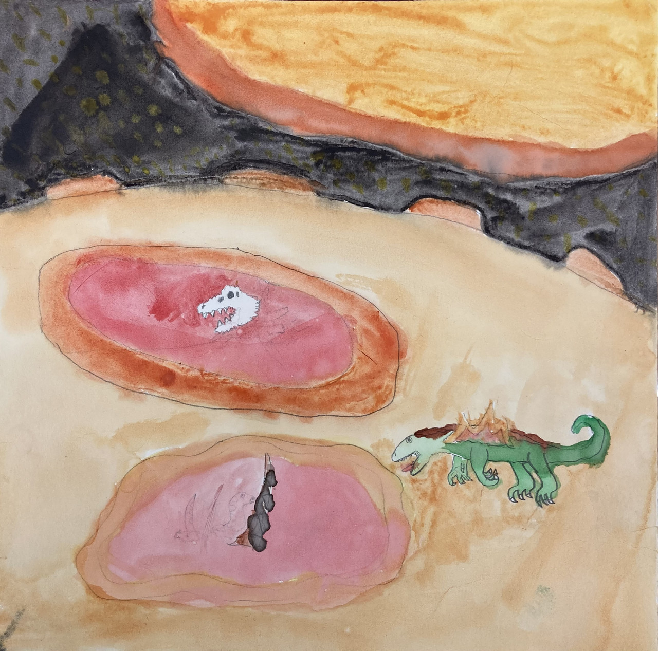 Watercolor piece of a dinosaur on mercury.