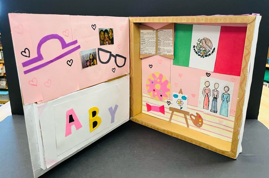 Colorful collage with different cut out elements and images.
