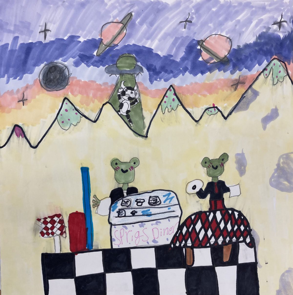 Drawing of frogs at a diner and planets in the background.