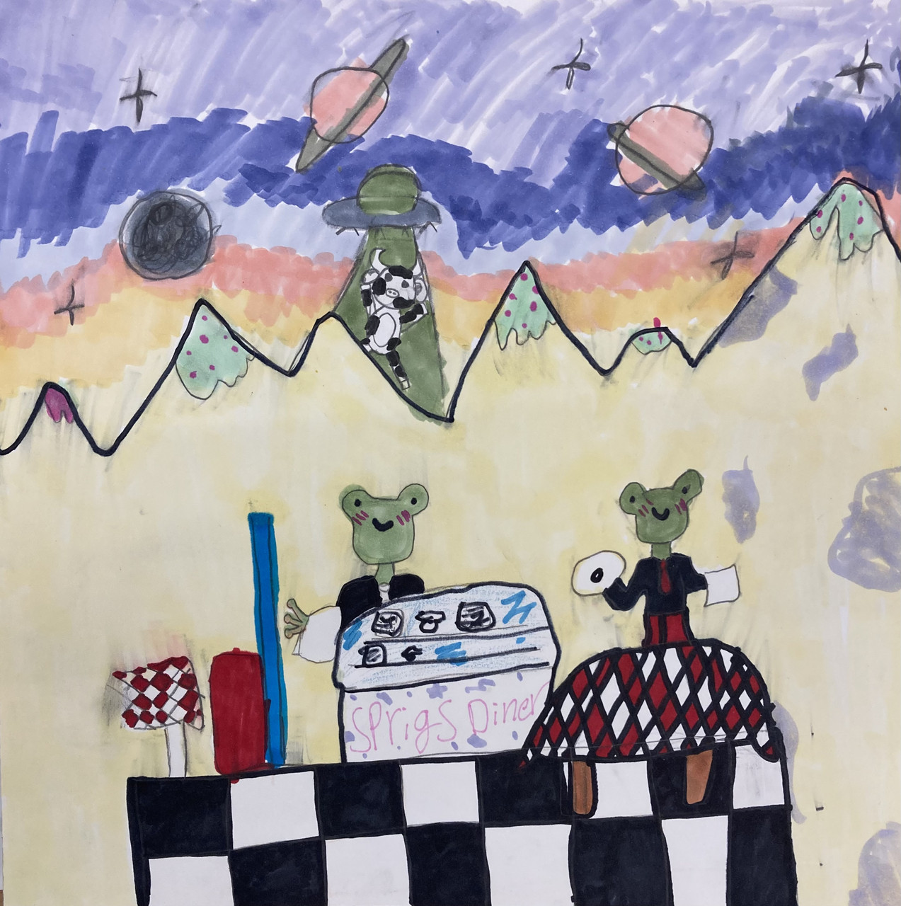 Drawing of frogs at a diner and planets in the background.