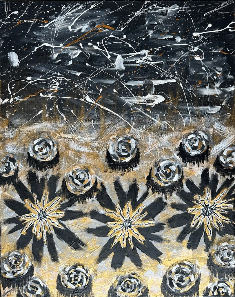Painting with gold and silver flowers.