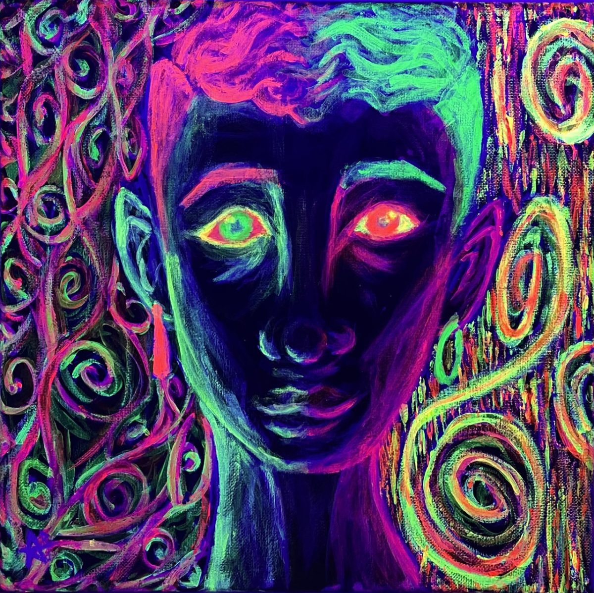 Neon painting of a male's portrait.