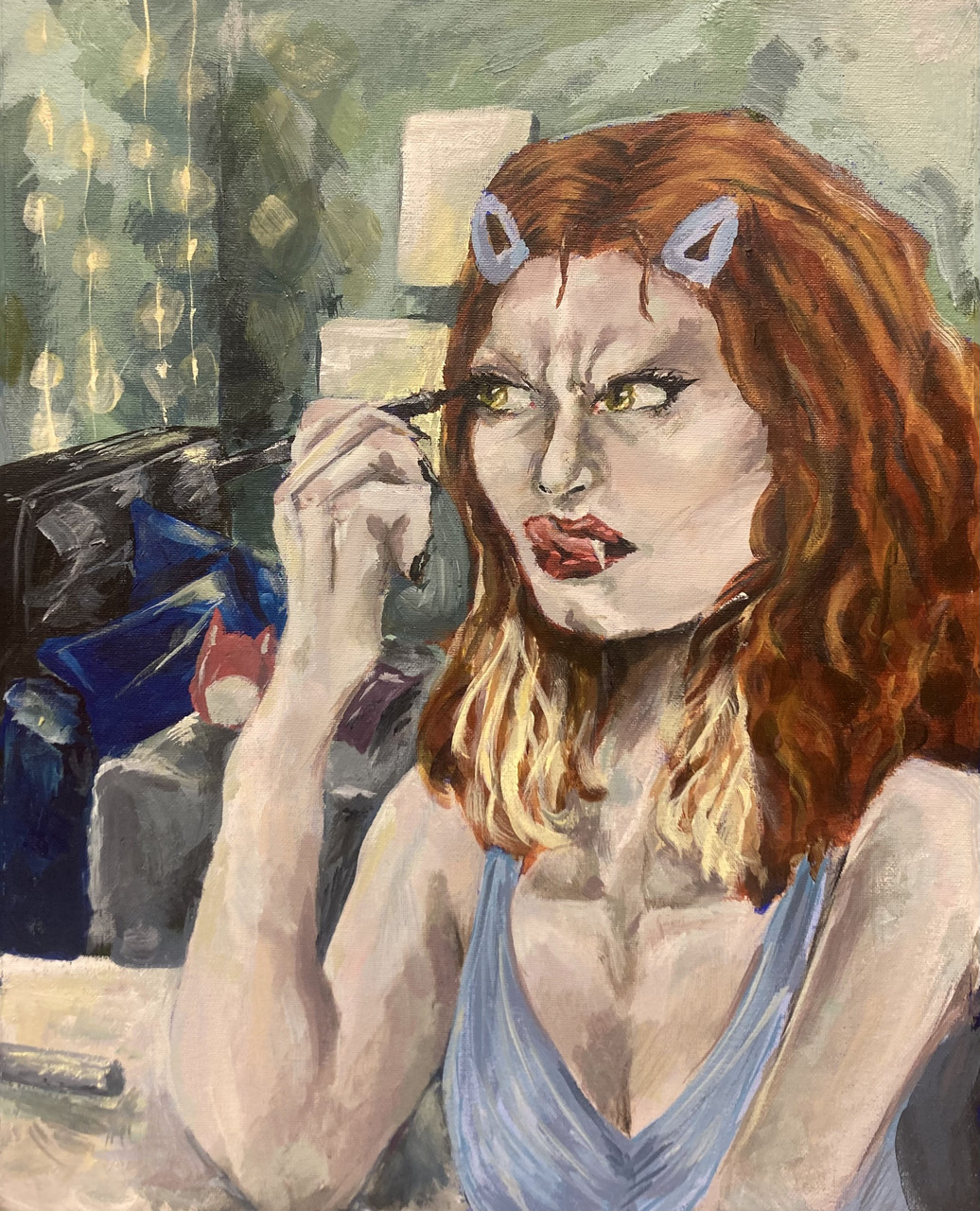 Painting of a girl putting on mascara.