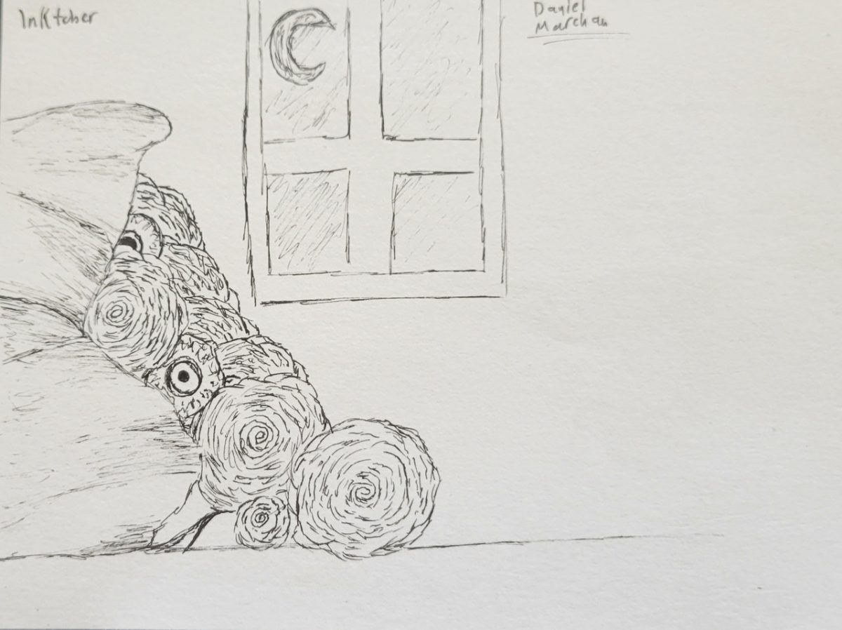 Pen drawing of A bouquet of flowers with a horror element.