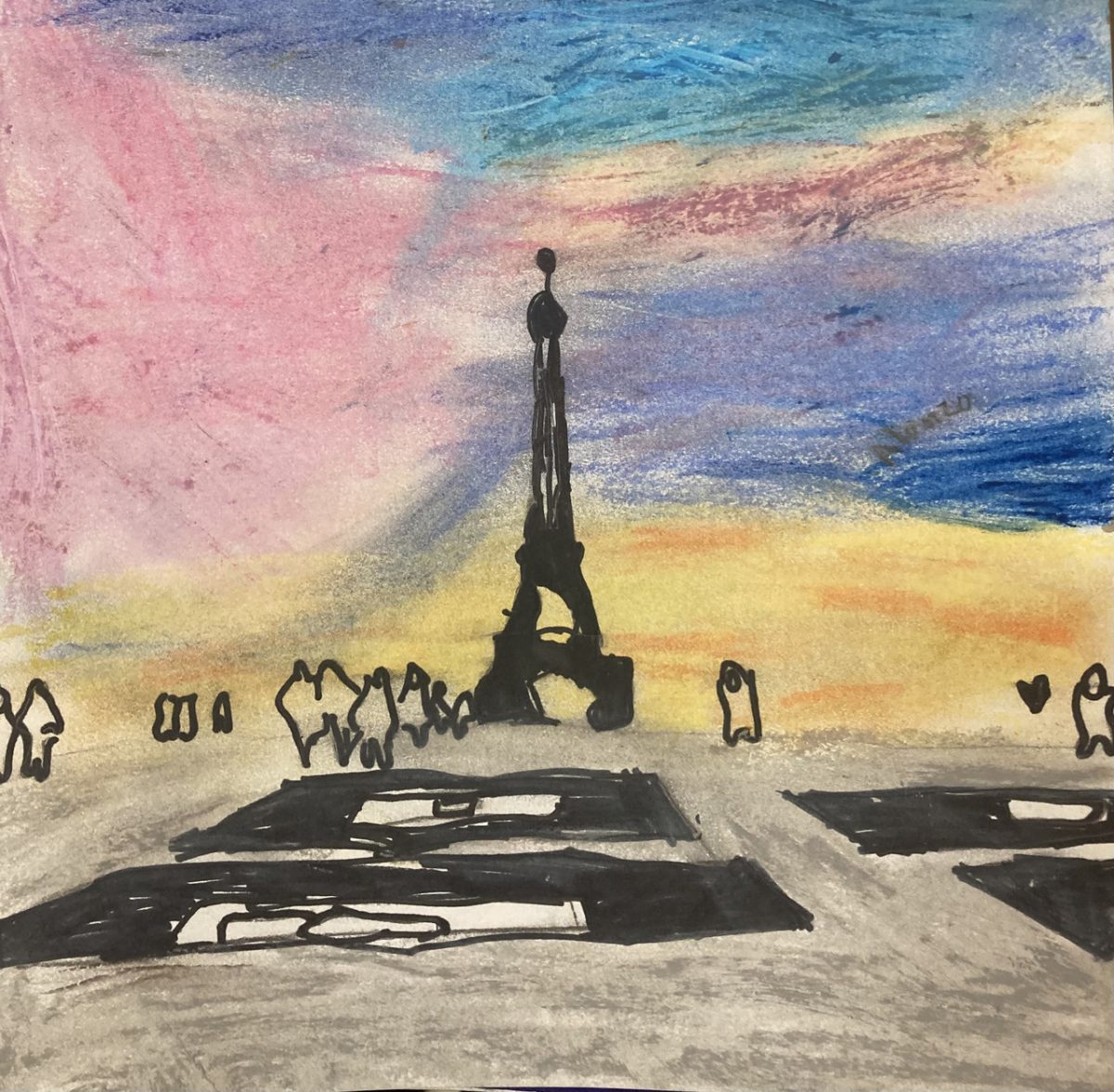 Drawing of the Eiffel tower in Paris with a colorful sky.