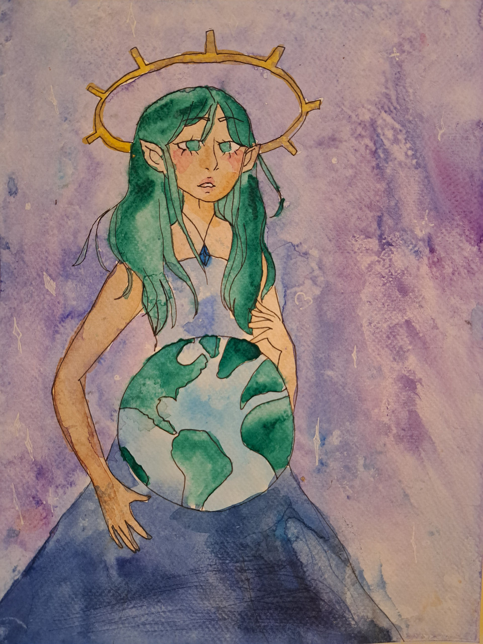 Woman with green hair and a purple dress holds a globe over a purple background.