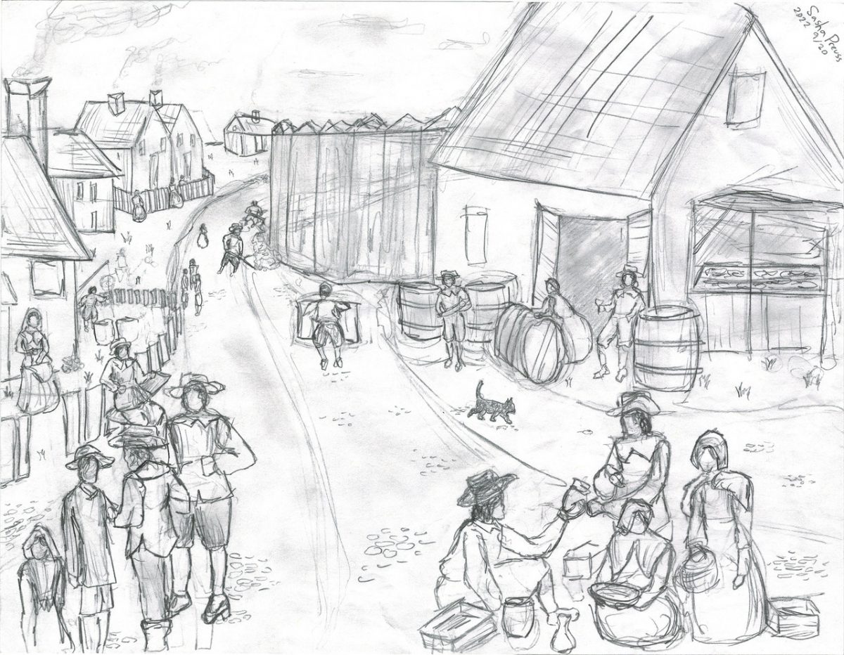 Pencil drawing of pioneer village with homes in the backgorund and people trading in the foreground.