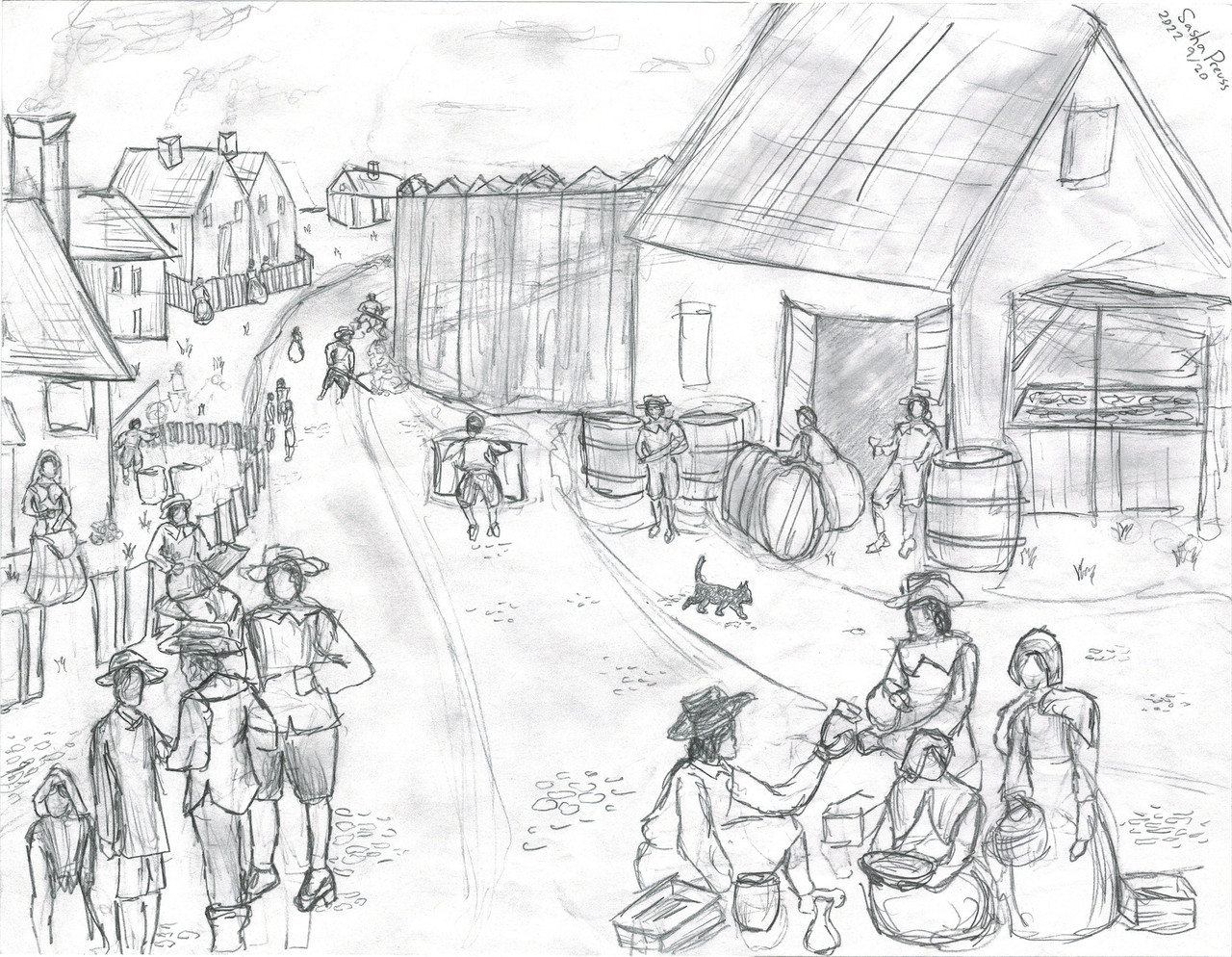 Pencil drawing of pioneer village with homes in the backgorund and people trading in the foreground.