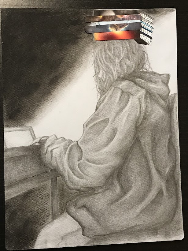 Drawing of person with book on head.
