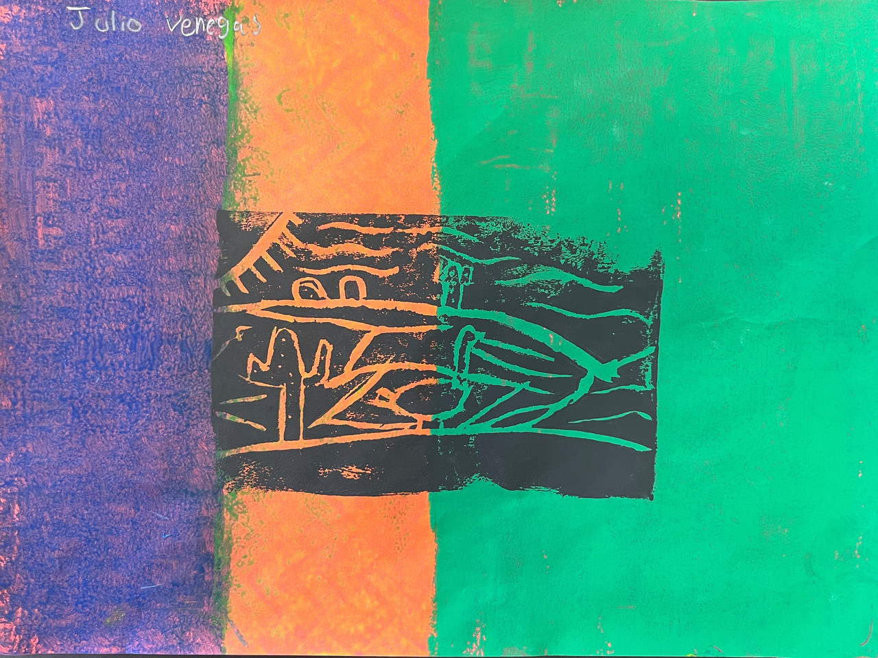 Black ink print on painted background.