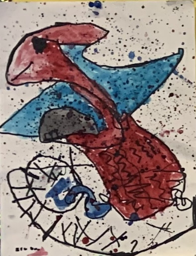 Watercolor painting with red, blue, and black.