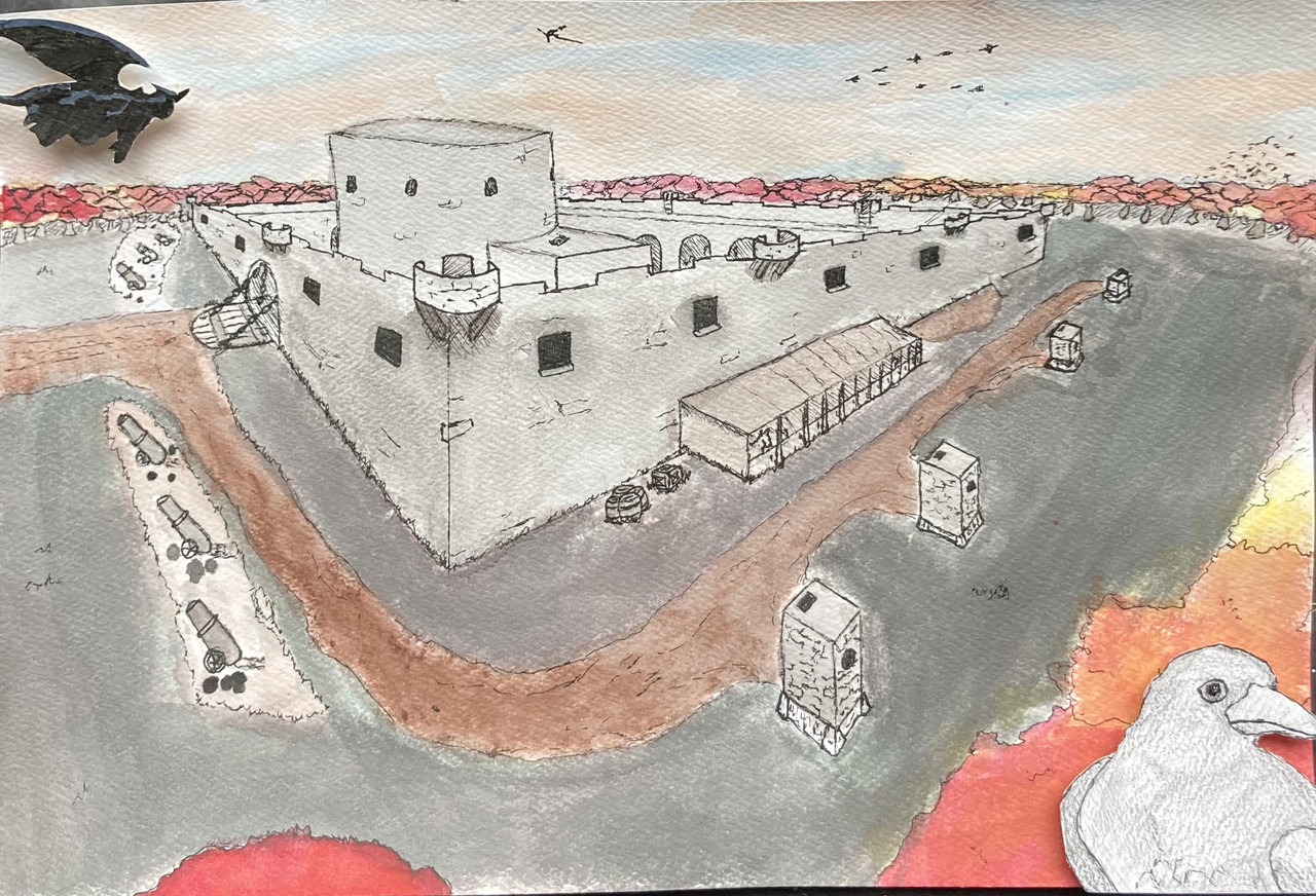 Watercolor painting of a castle.