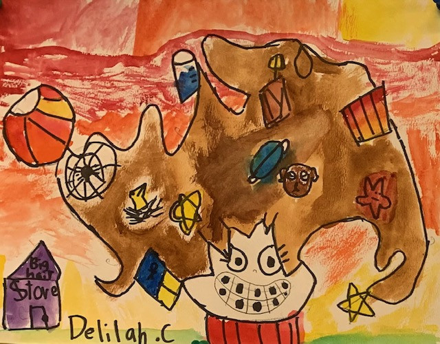 Drawing of a person with big hair with items inside it with the Big Hair Store in the background.