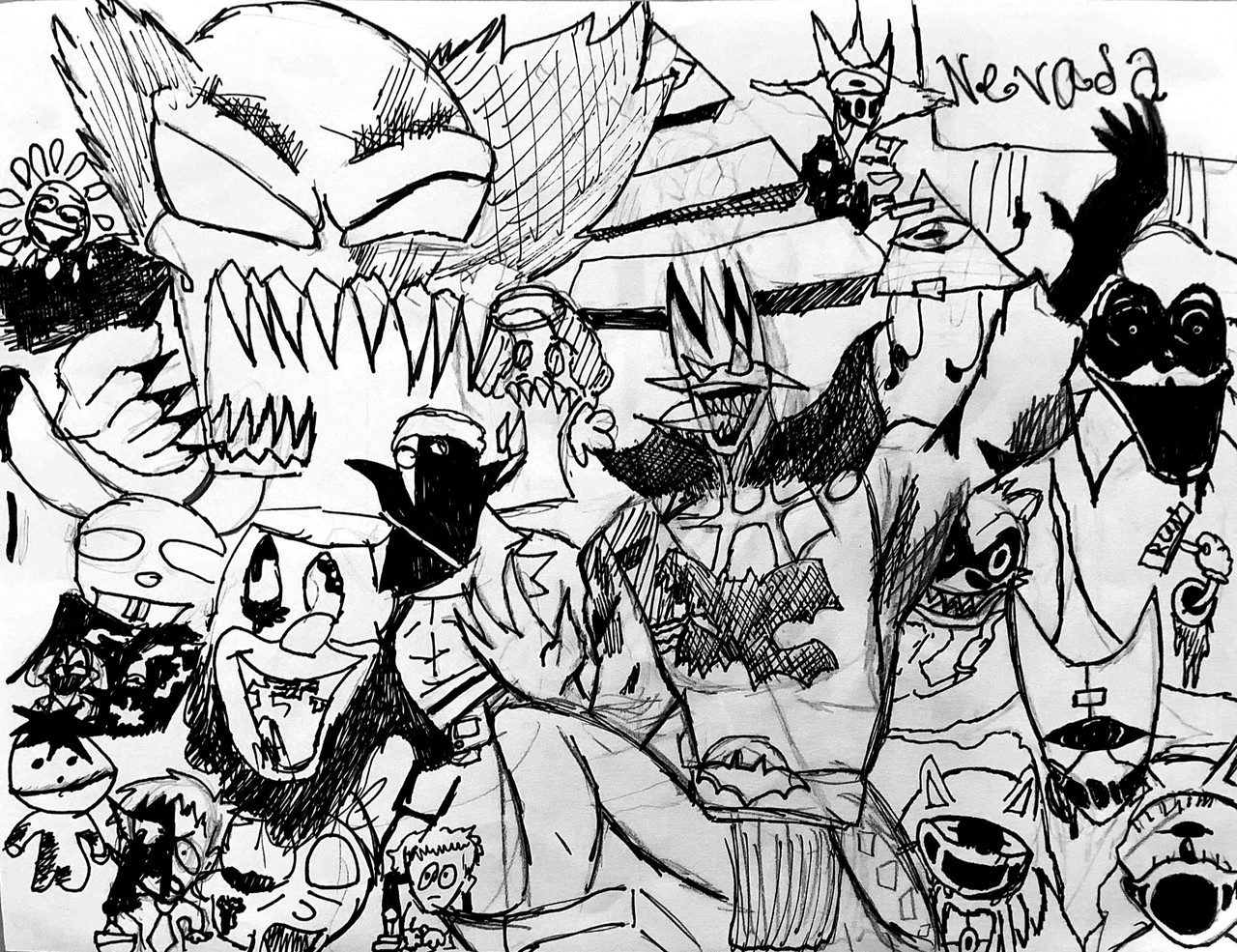 Black and white ink drawing of many different characters layered over each other.