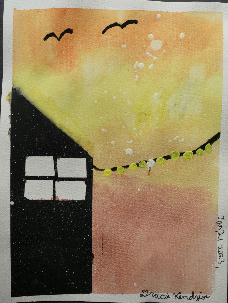 Painting of a black house with a line protruding from it. There are birds on the line and flying in the orange, yellow, and pink sky behind.