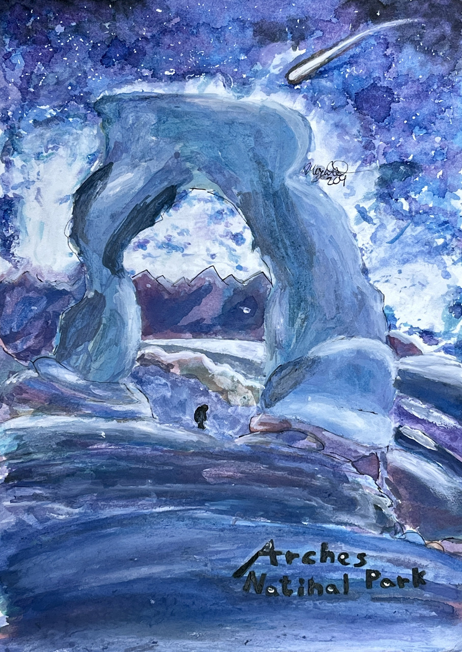 large stone arch in blues and purples. "Arches National Park" in black in lower right corner.