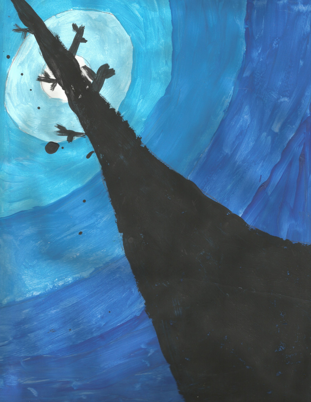 Painting of a tree. Following its length leads to a bright blue sky.