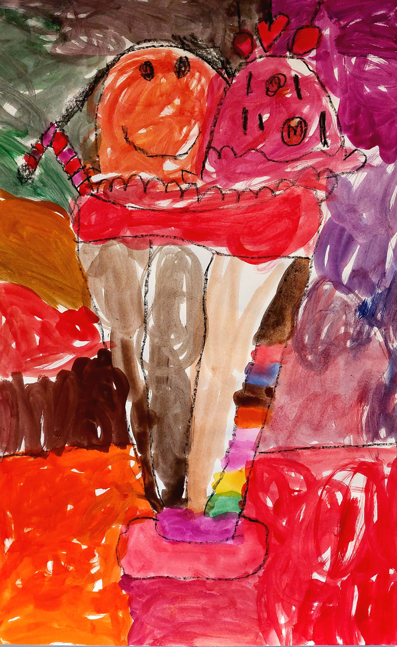 A very colorful painting of a milkshake with two smiling ice cream scoops at the top.