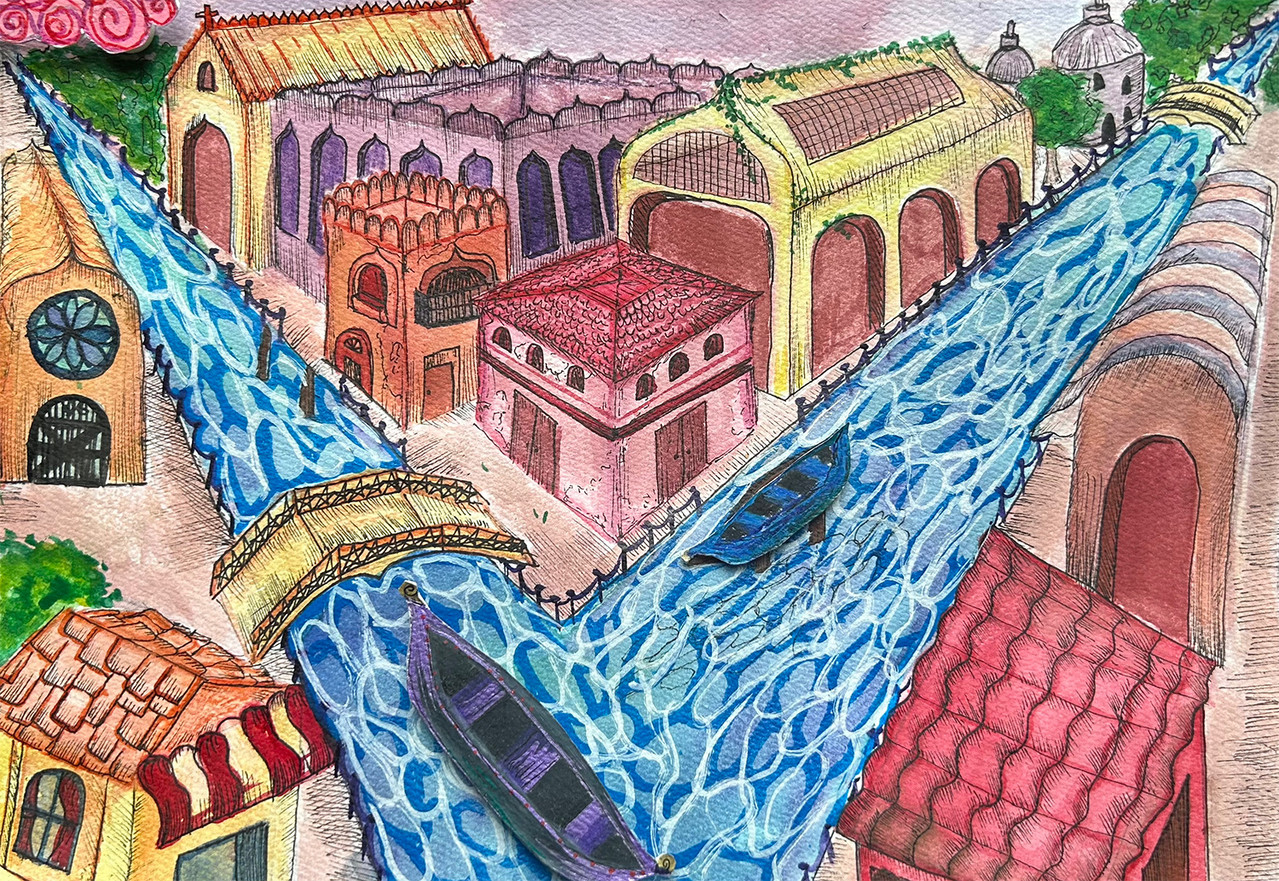 Drawing of a street corner colorful.