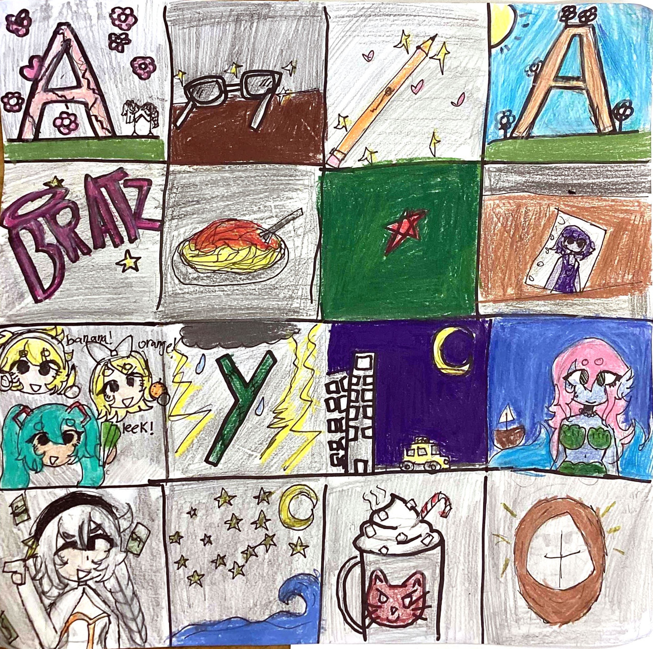 Grid drawing with each square showing a different image drawn including a frappecino and the BRATZ doll logo.