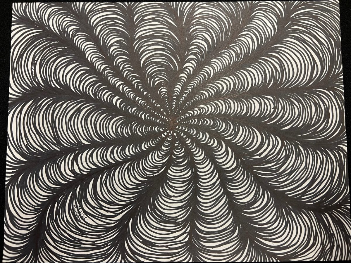 black and white drawing of lines converging in the middle