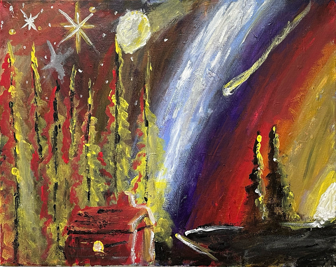 Acrylic painting of a landscape during sunrise.