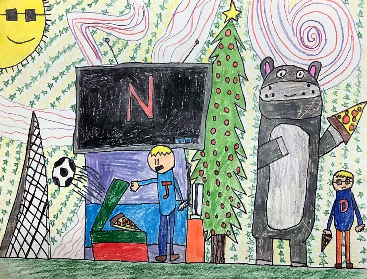 Drawing with a young man in the center. There is a tall Christmas tree, a TV with the Netflix logo, and a giant animal eating pizza.