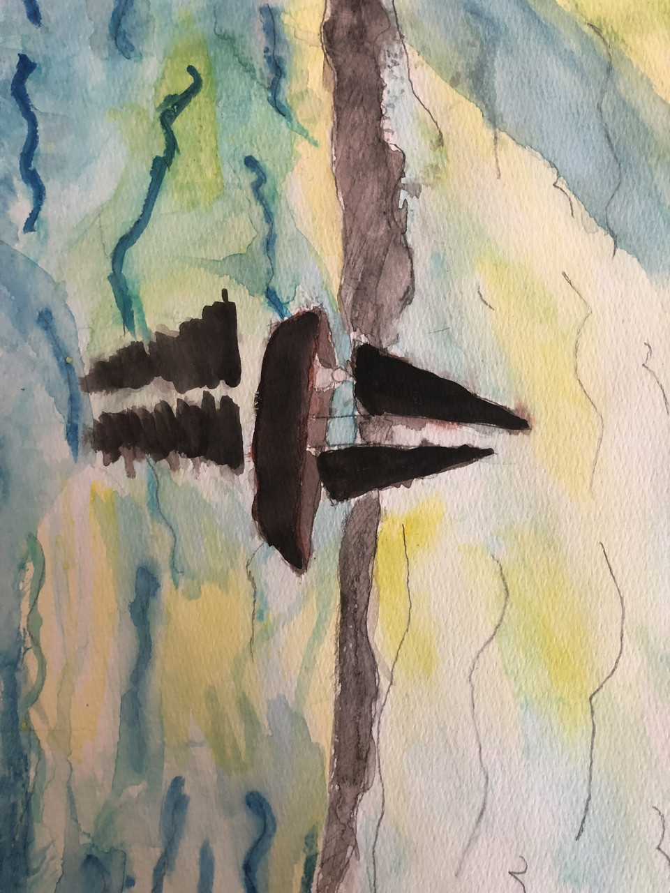 Watercolor painting of a boat in a large body of water.