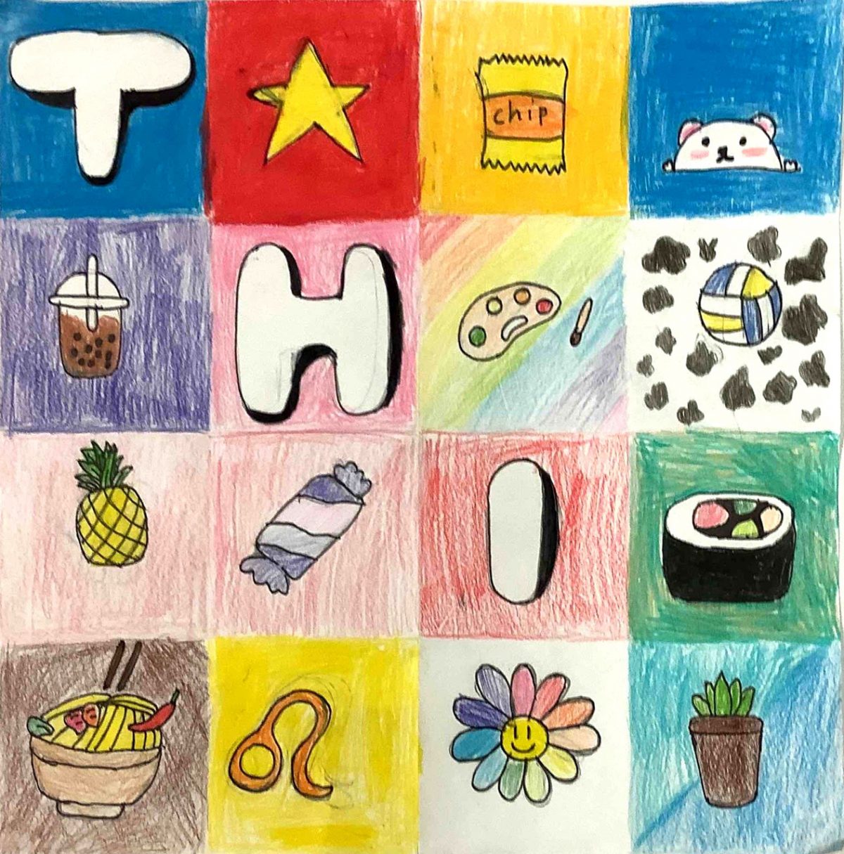 Drawing with many squares of different objects. Squares in a diagnol line read "THI."