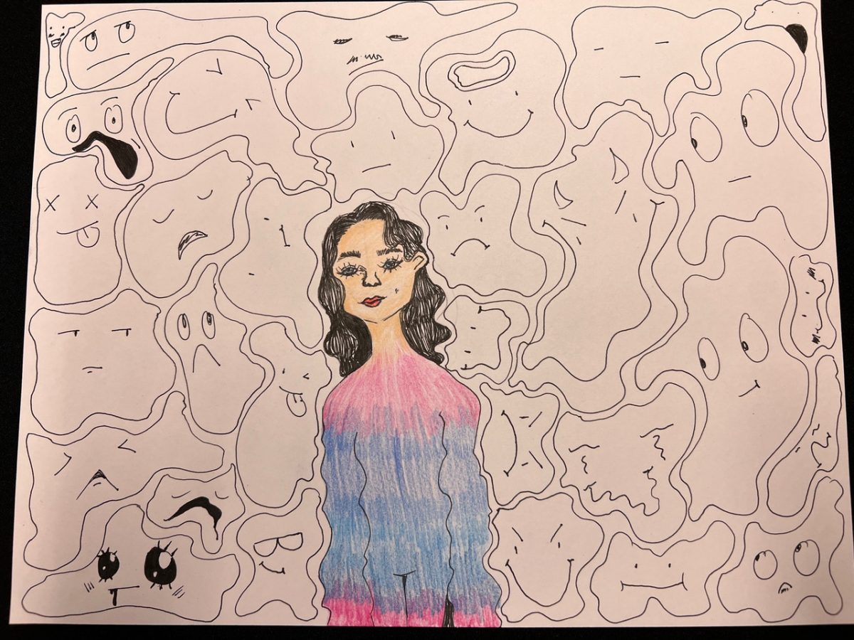 Person with b/w blobs surrounding them