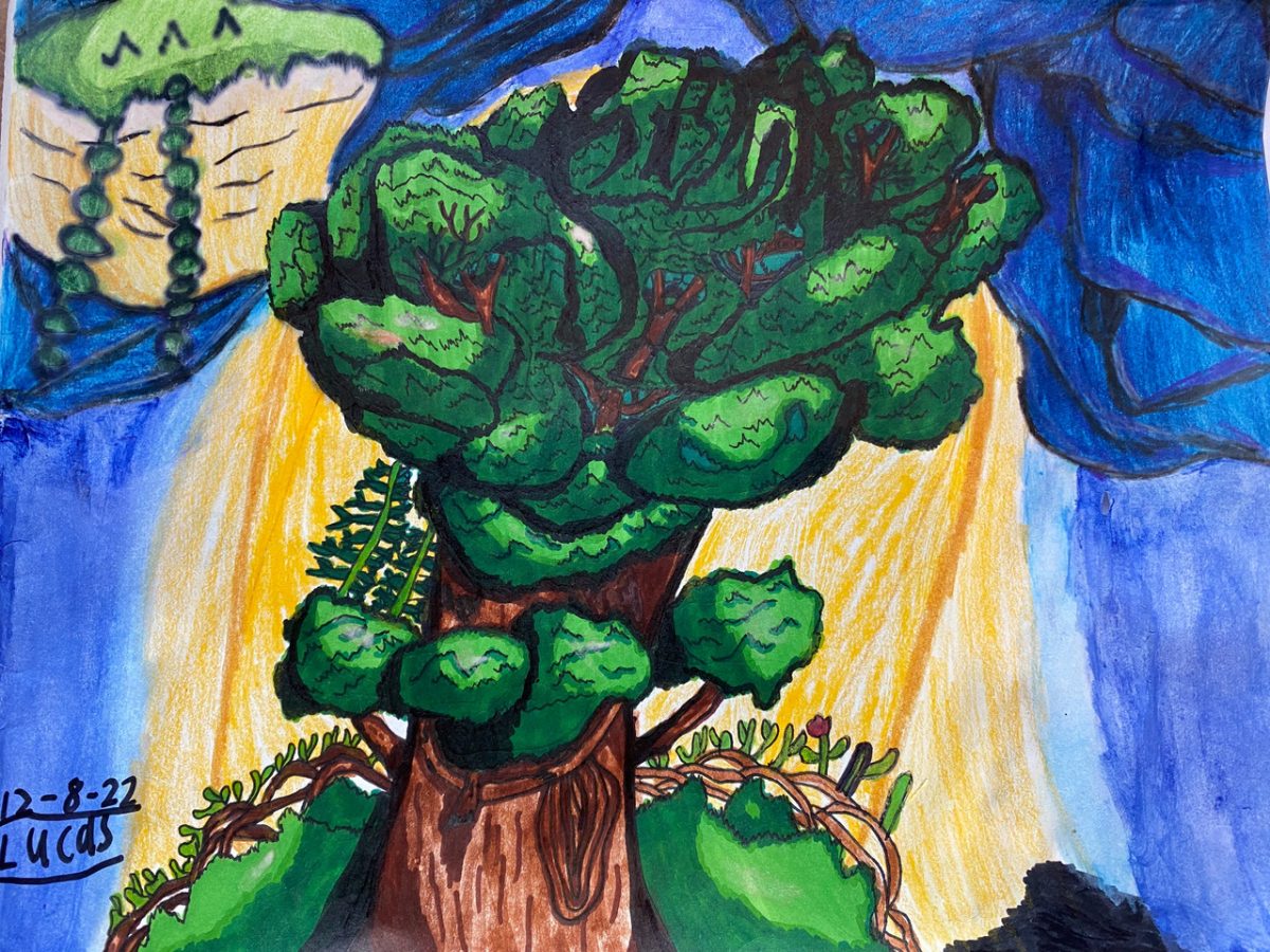 Drawing of a large green tree with yellow light shinning down on a blue background.