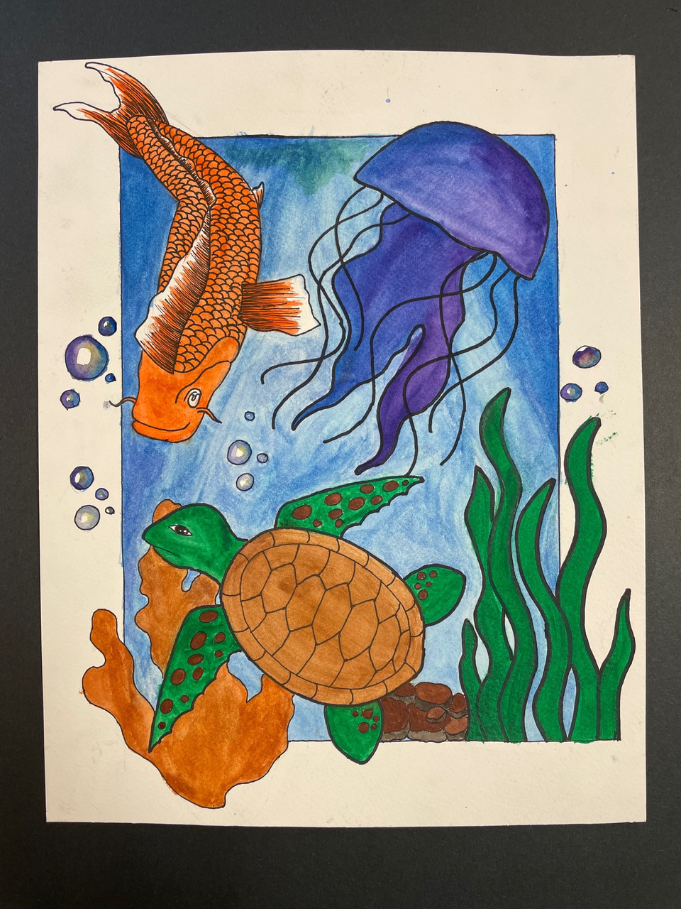 Painting of underwater creatures.