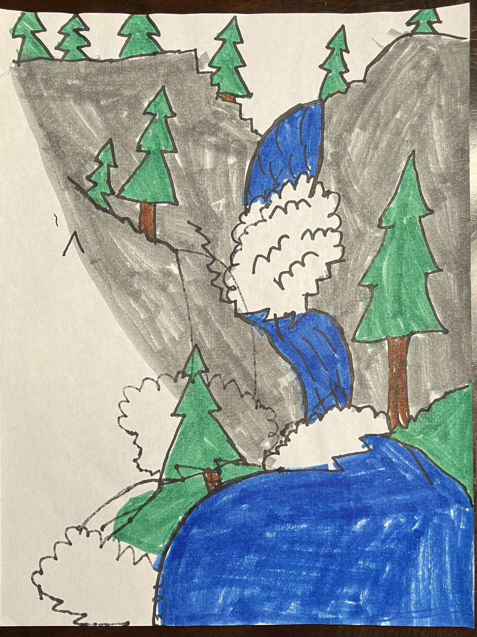 drawing of a blue waterfall and pine trees