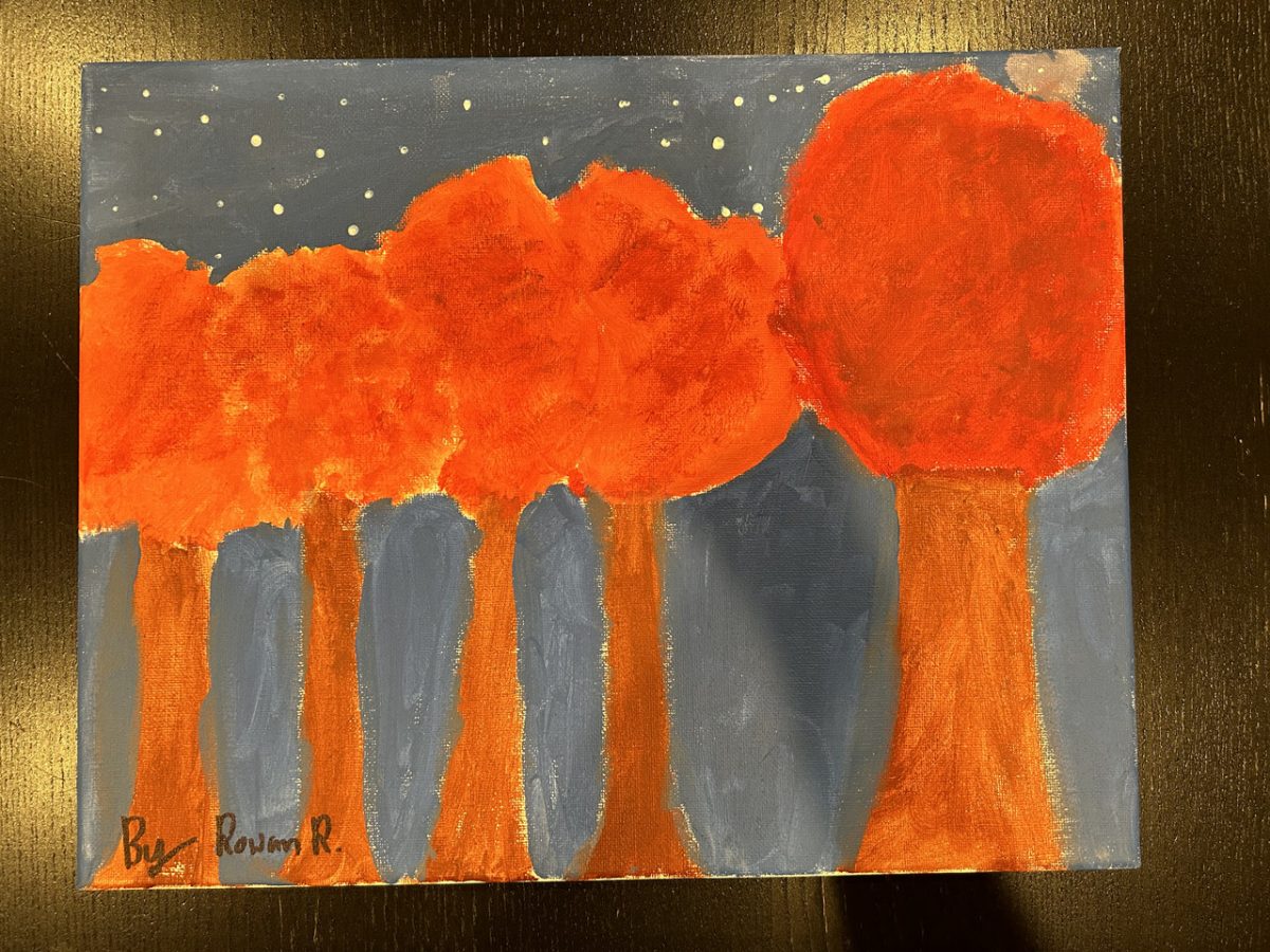 Painting of trees with bright orange trees lined up over a night sky.