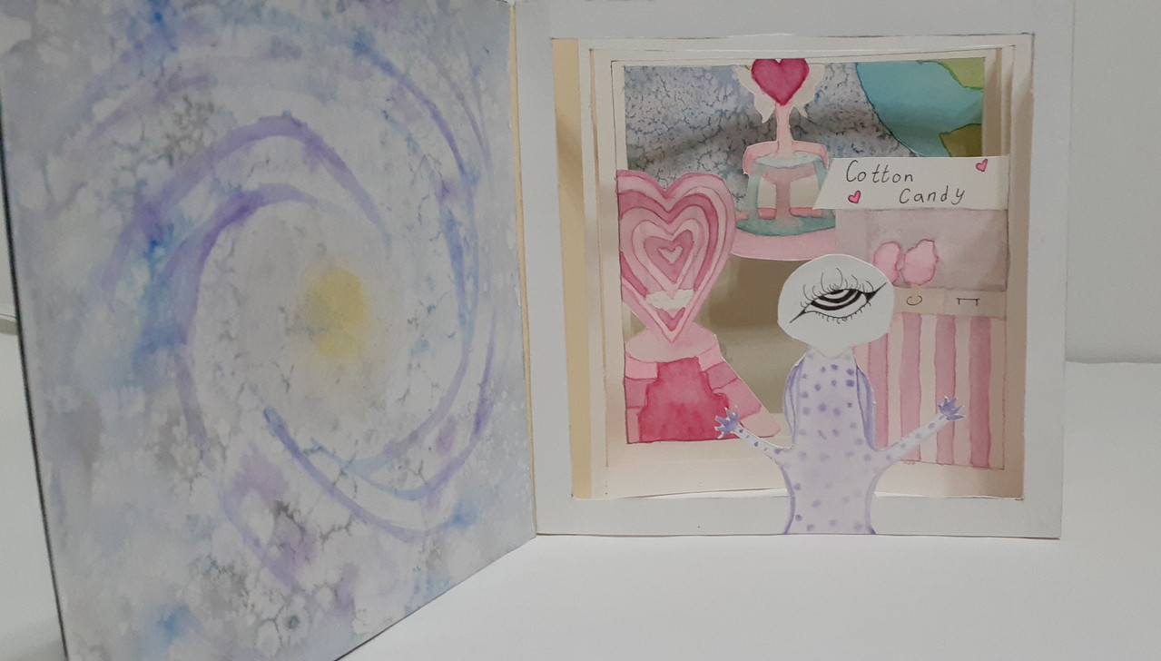 Tunnel book made with watercolours and ink pen.