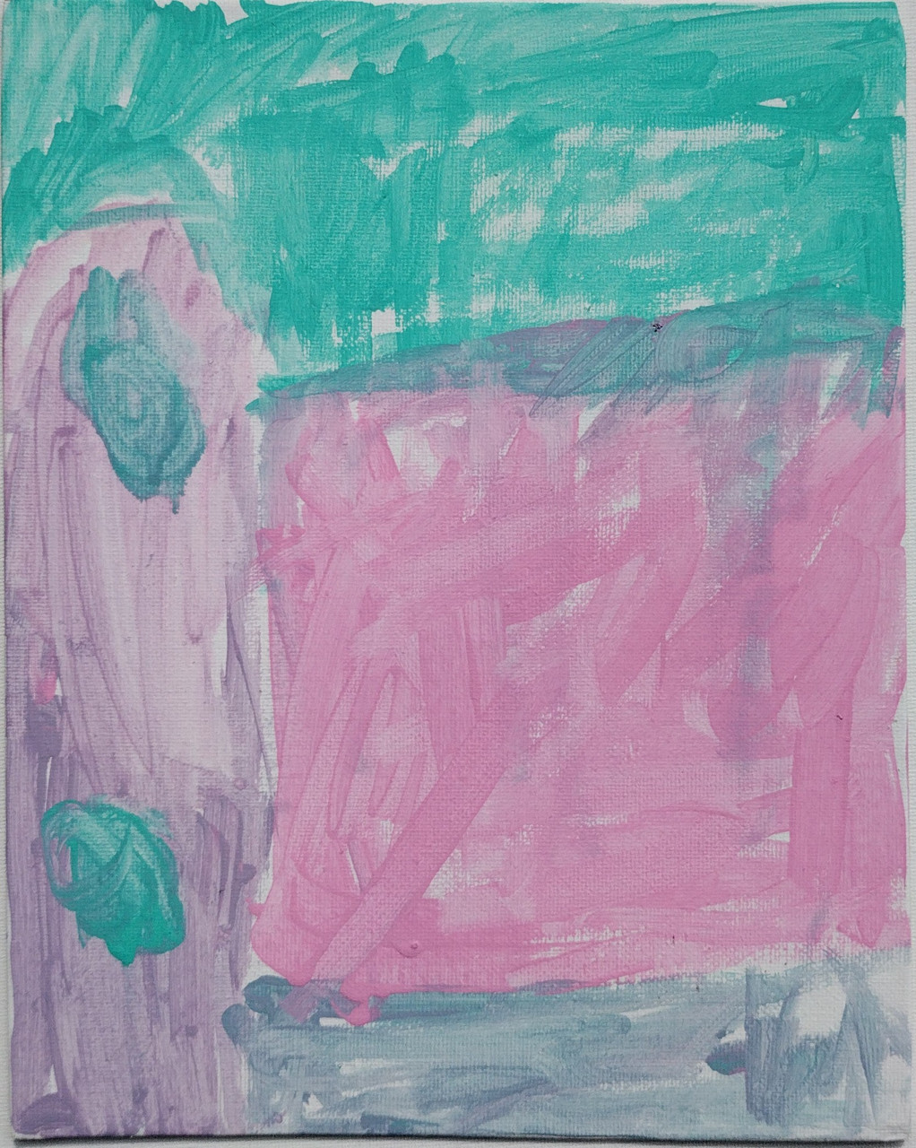 Purple, pink, and aqua painting of a rocket.