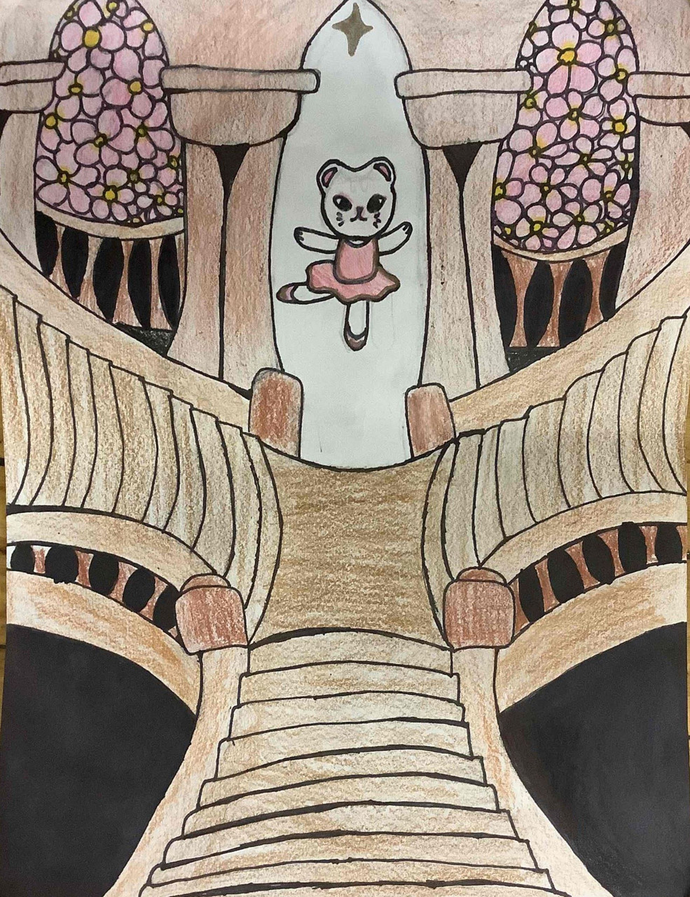 A ferret in a tutu dances down an ornate set of stairs.