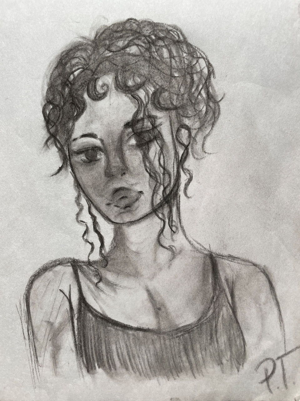 Black and white drawing with long curly hair. She wears a tank top and has her arms crossed.