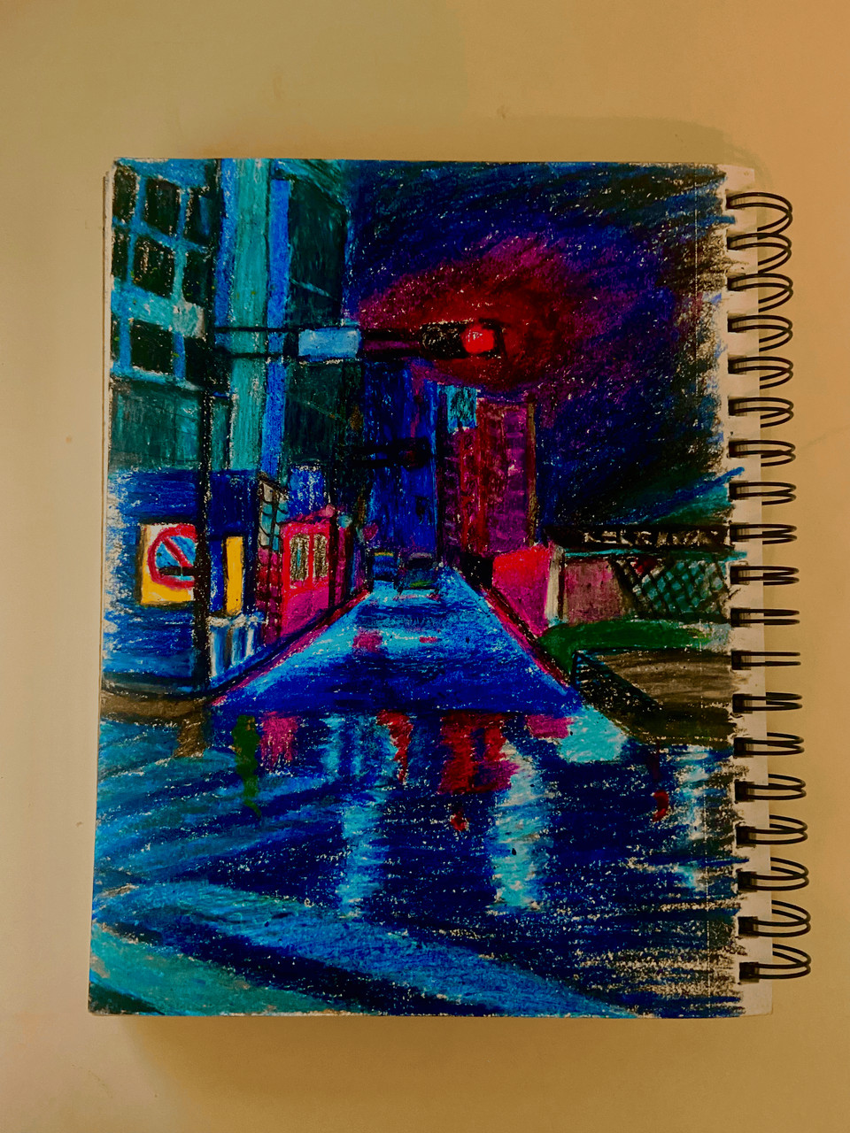 Drawing of a vibrant city street.