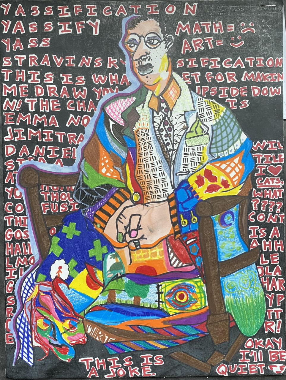 A colorful cartoon portrait with text in background.