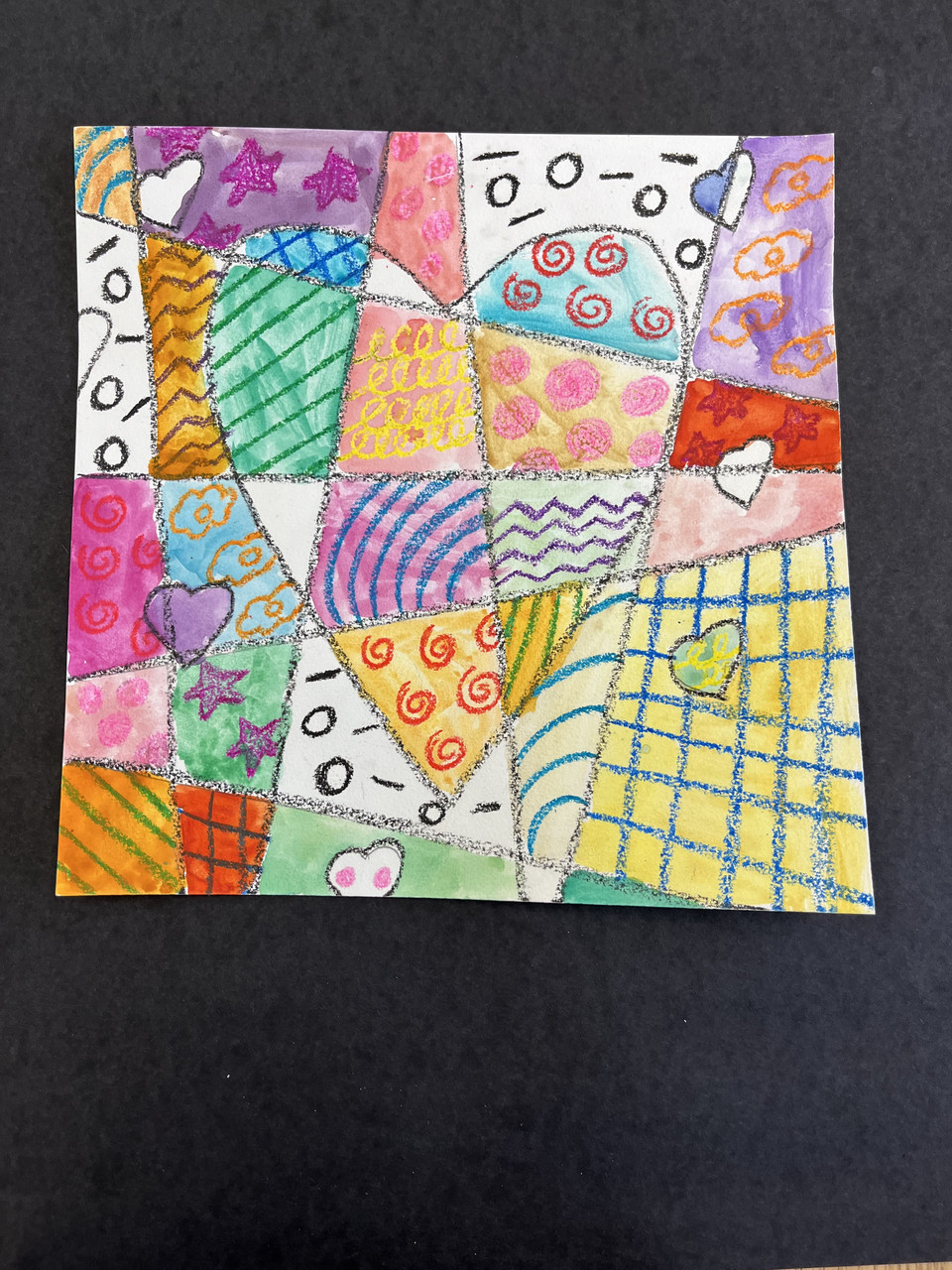 Heart drawn with crayon and watercolor in Romero Britto's style.