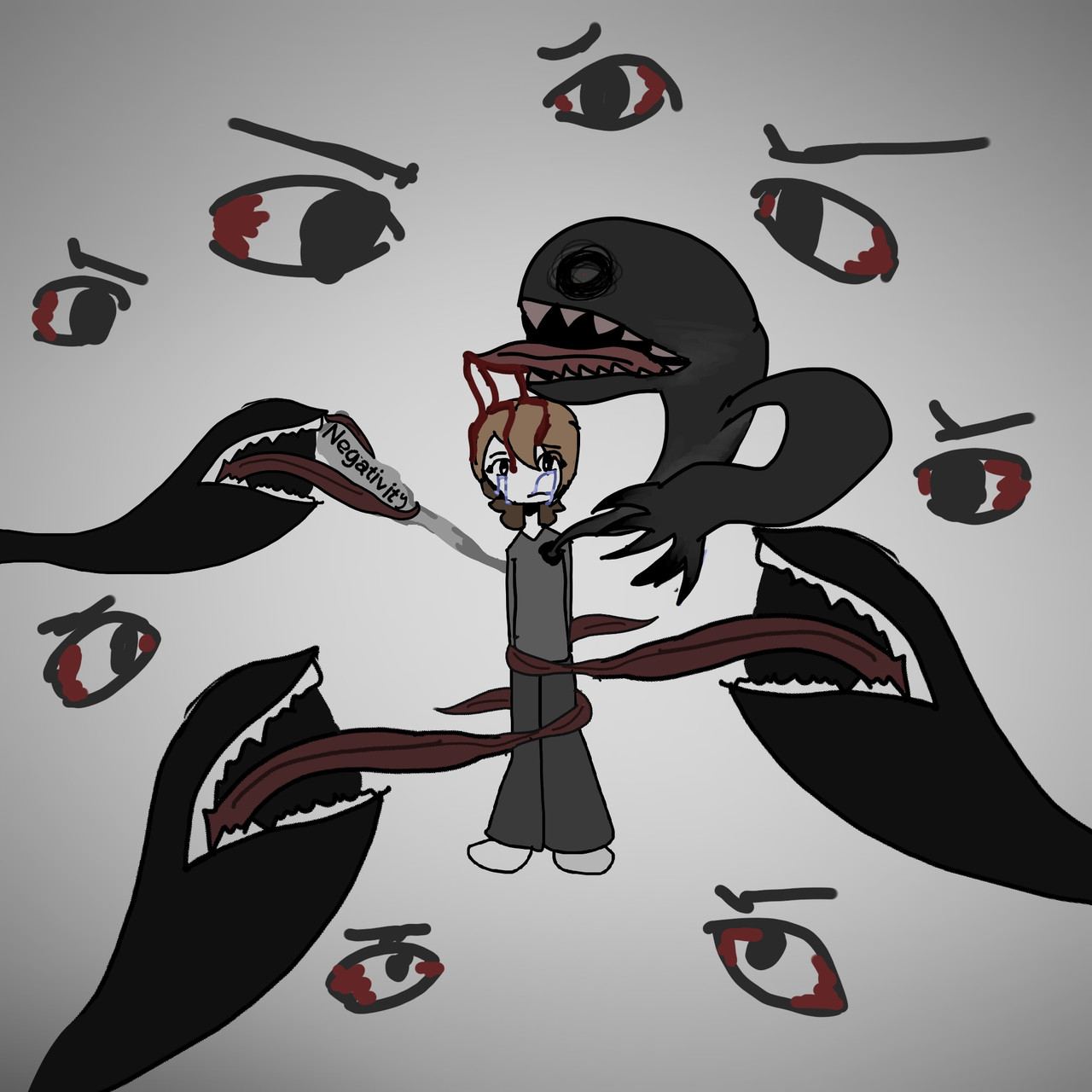 A person crying with creatures and eyes surrounding them.